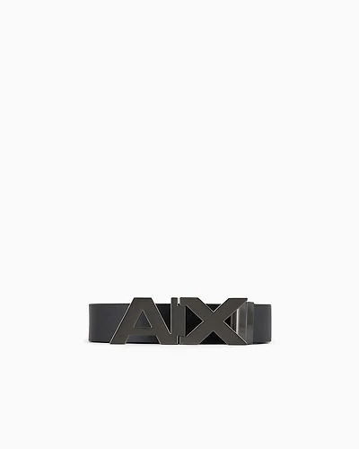 Reversible leather belt with satin metal logo buckle