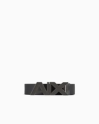 Reversible leather belt with satin metal logo buckle