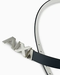Reversible leather belt with satin metal logo buckle