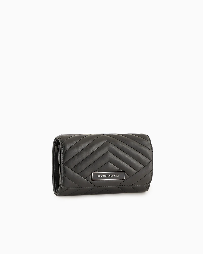 Wallet with flap and quilted shoulder strap