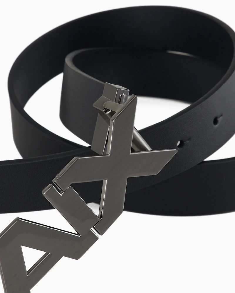 Reversible leather belt with satin metal logo buckle