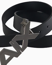 Reversible leather belt with satin metal logo buckle