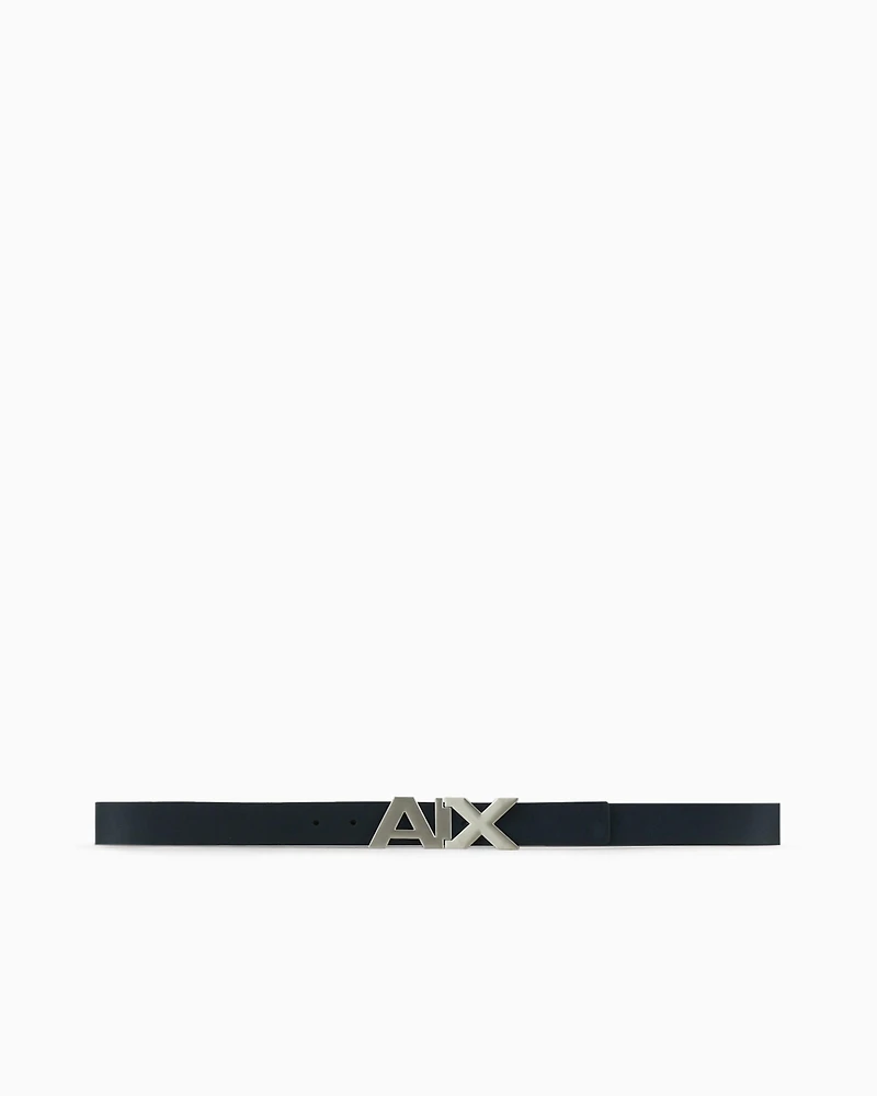 Reversible leather belt with satin metal logo buckle