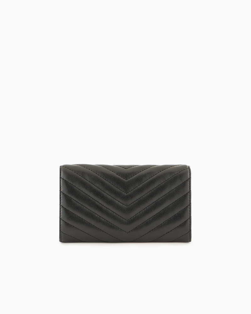 Wallet with flap and quilted shoulder strap