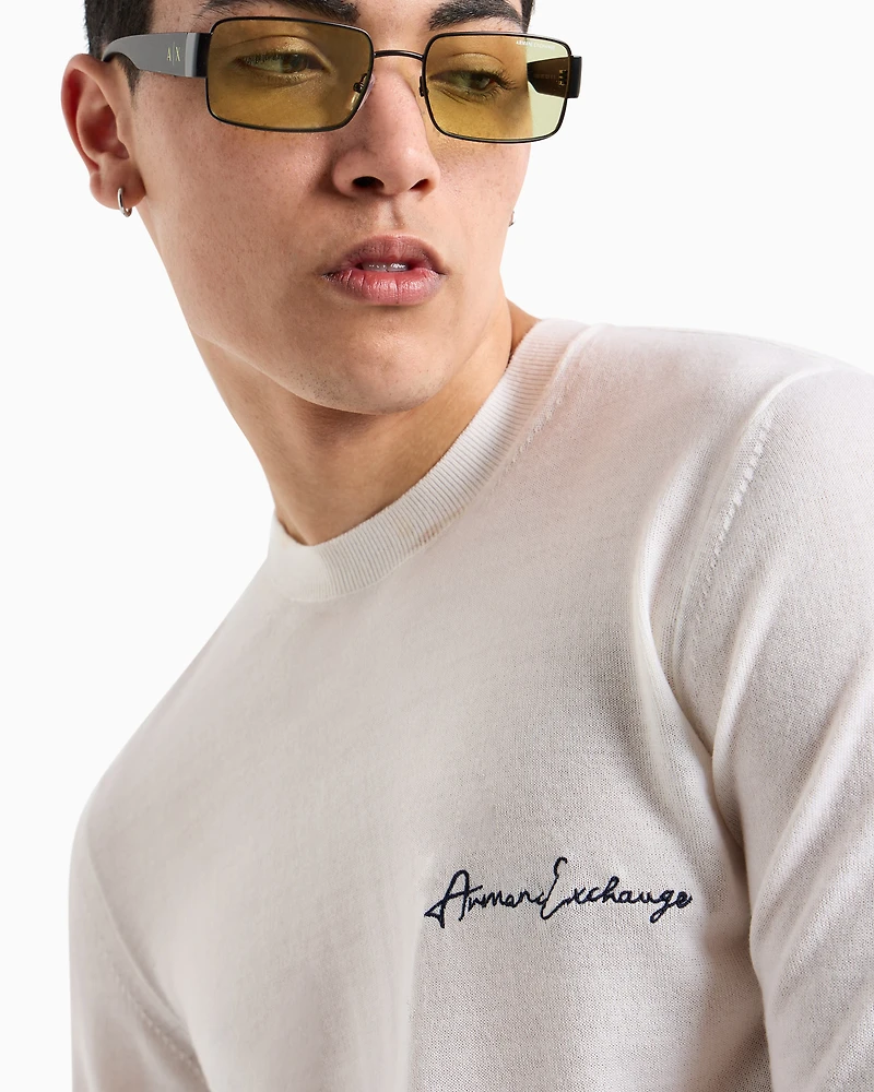 Wool blend crew neck sweater with chest logo