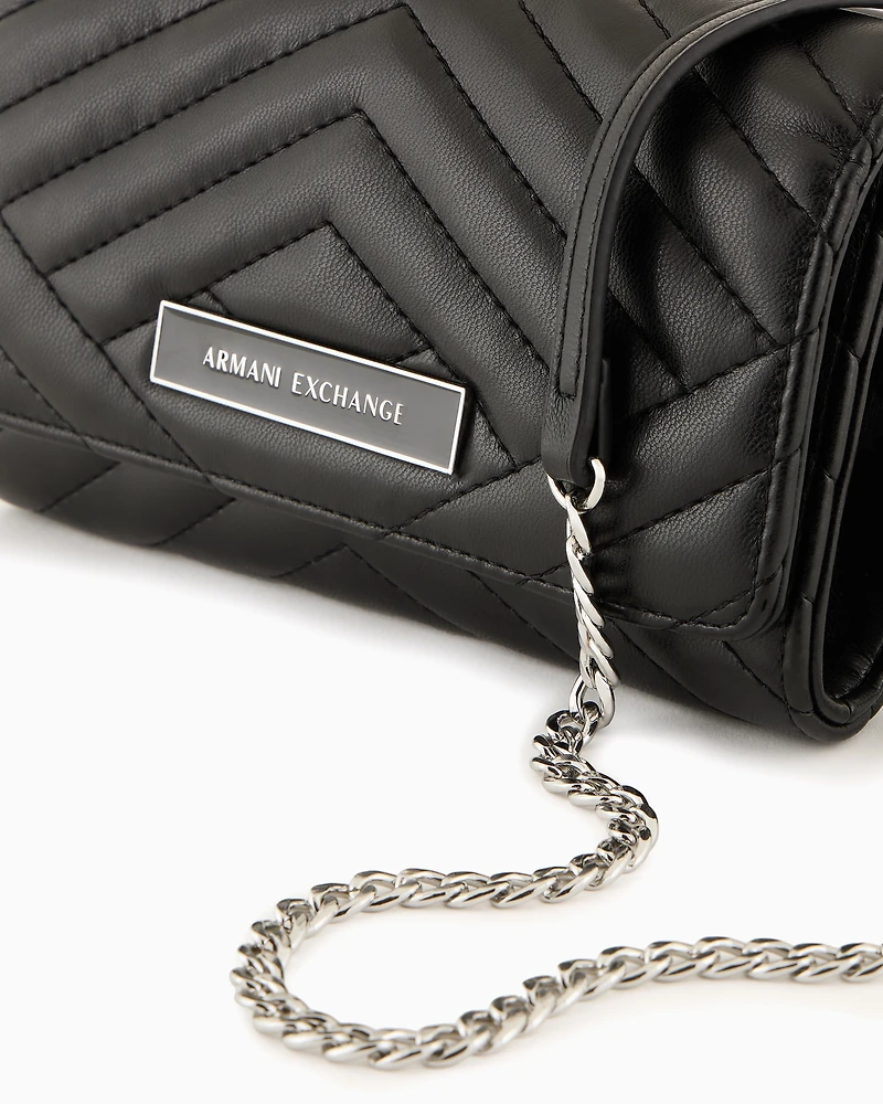Wallet with flap and quilted shoulder strap