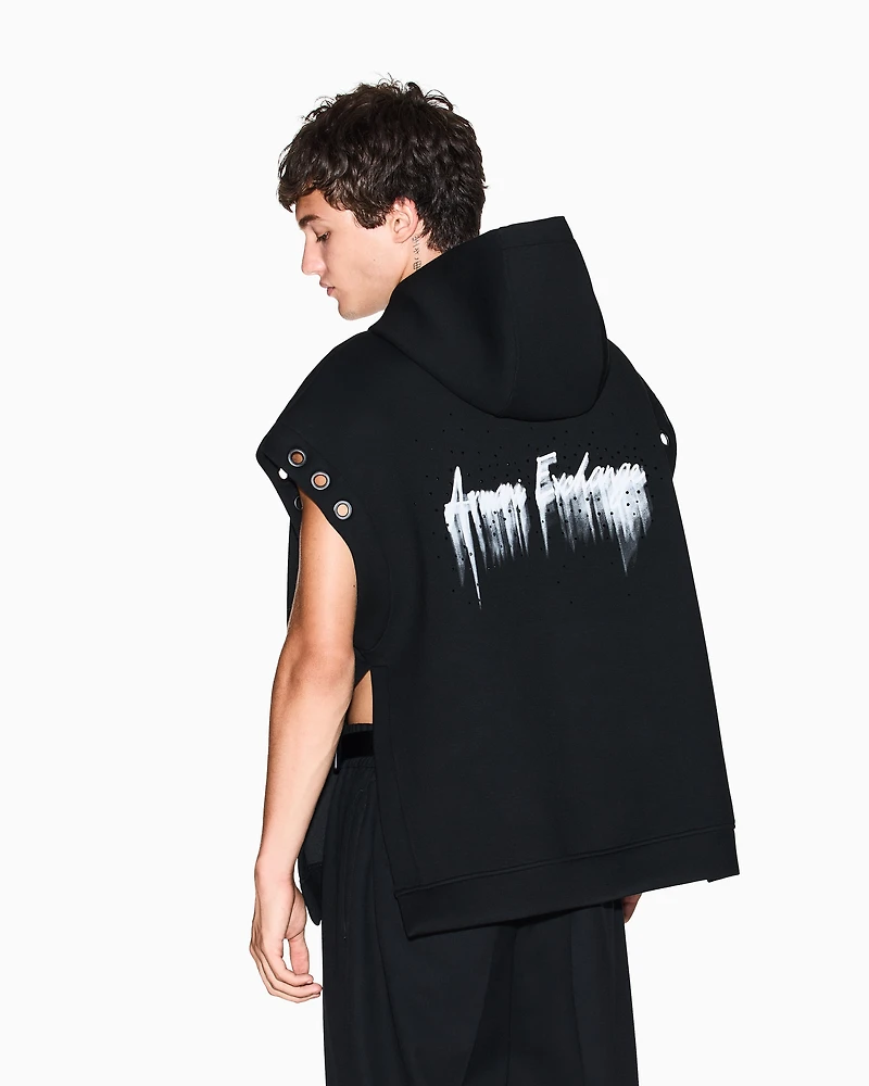 Armani Exchange - BLACK SLEEVELESS LOGO EYELET HOODIE, Man, Black, Size: