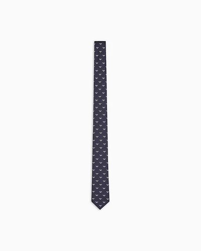 Emporio Armani - Pure silk tie with all-over jacquard micro-eagle, Man, Navy Blue, Size: TU