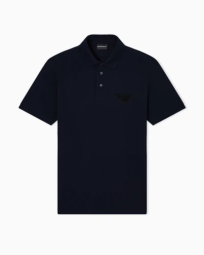 Emporio Armani - Piqué jersey polo shirt with eagle patch, Man, Navy Blue, Size: