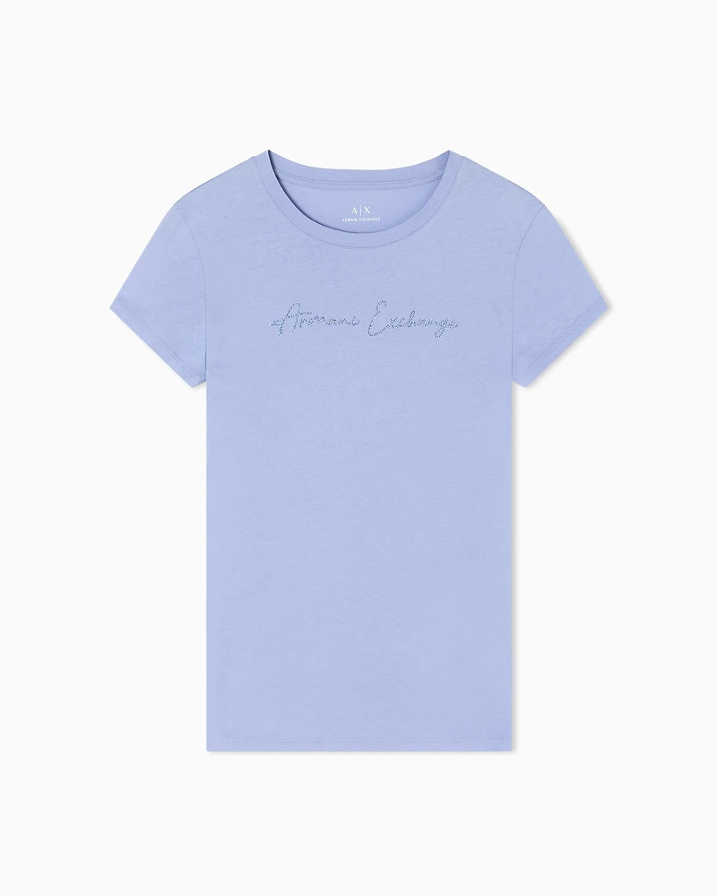 Armani Exchange - Slim fit T-shirt with glitter logo, Woman, Light Blue, Size: