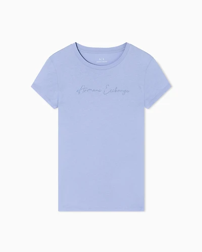Armani Exchange - Slim fit T-shirt with glitter logo, Woman, Light Blue, Size: