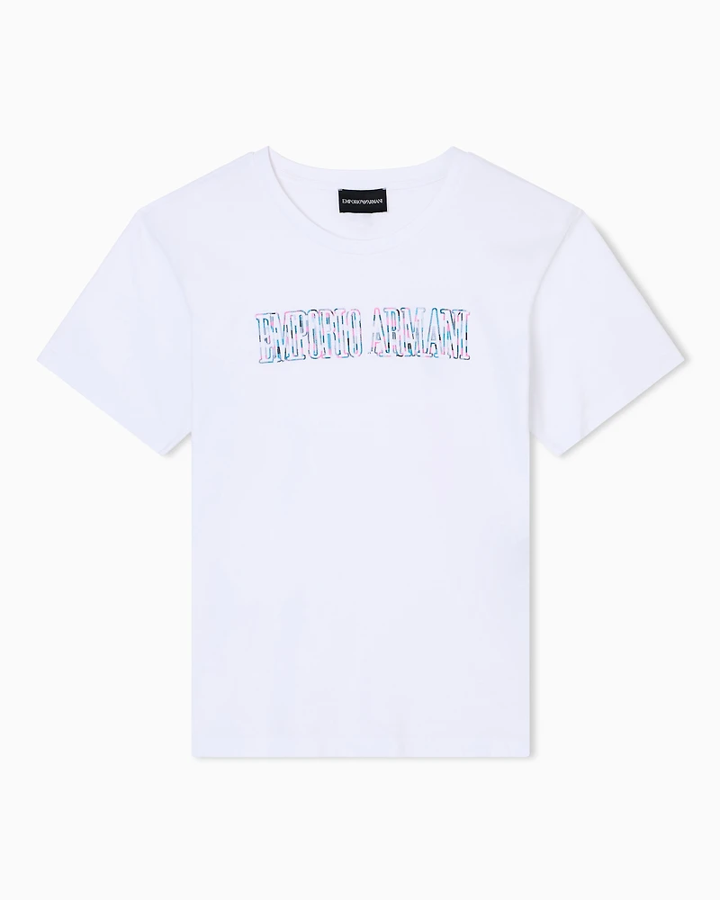 Emporio Armani - ASV organic jersey T-shirt with multicoloured logo embroidery, Woman, White, Size: