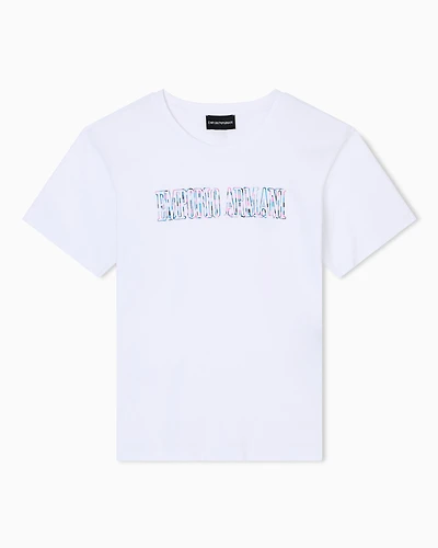 Emporio Armani - ASV organic jersey T-shirt with multicoloured logo embroidery, Woman, White, Size:
