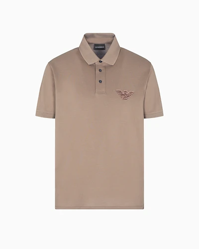 Emporio Armani - Piqué jersey polo shirt with eagle patch, Man, Beige, Size: