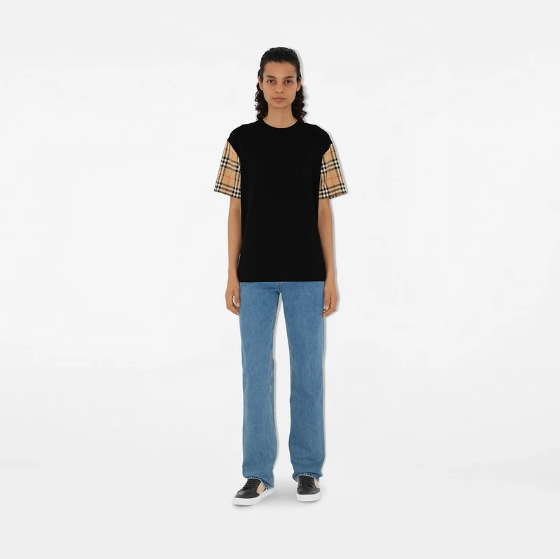 Check Sleeve Cotton T-shirt in Black - Women | Burberry® Official
