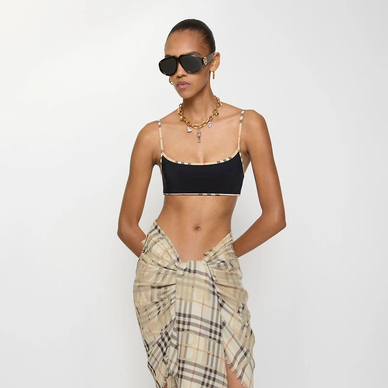 Check Trim Bikini Top in Black - Women, Wool | Burberry® Official