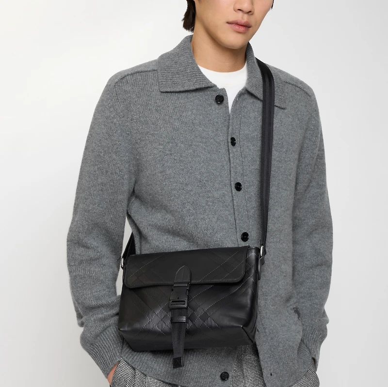 Small Embossed Check Buckled Messenger Bag in Black - Men | Burberry® Official