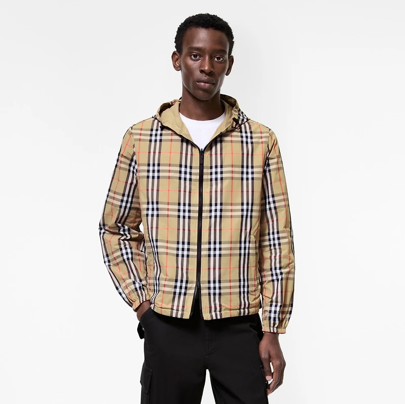 Reversible Check Newport Hooded Jacket in Sand beige - Men, Nylon | Burberry® Official