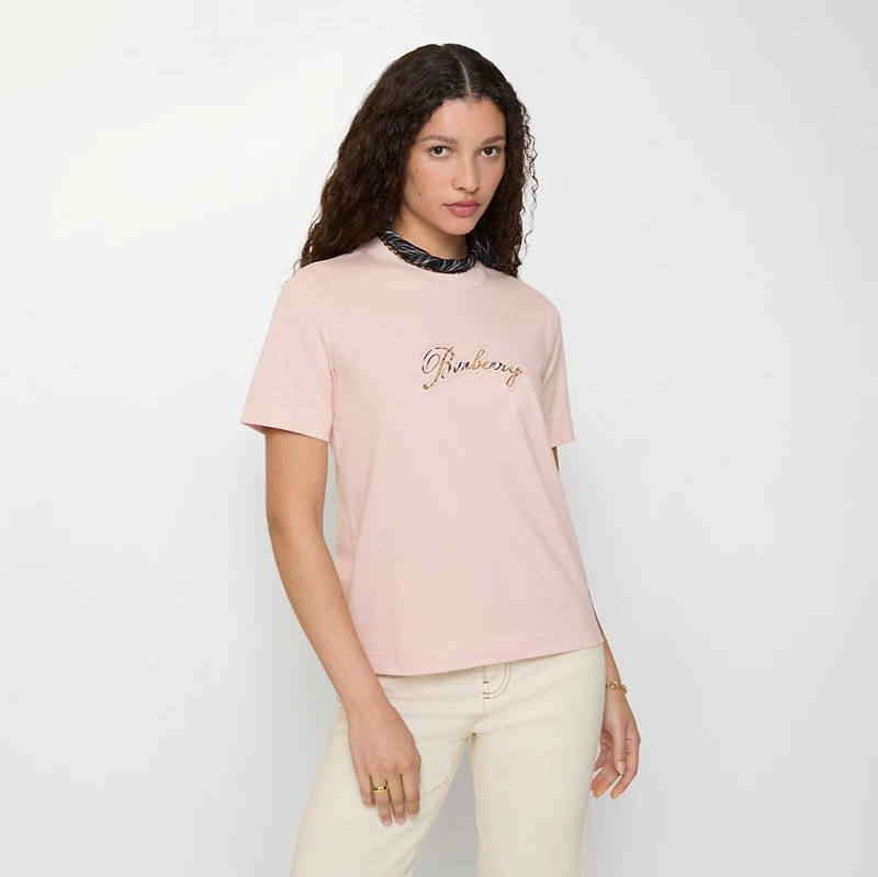 Check Cursive Logo Cotton T-shirt in Bouquet pink - Women | Burberry® Official