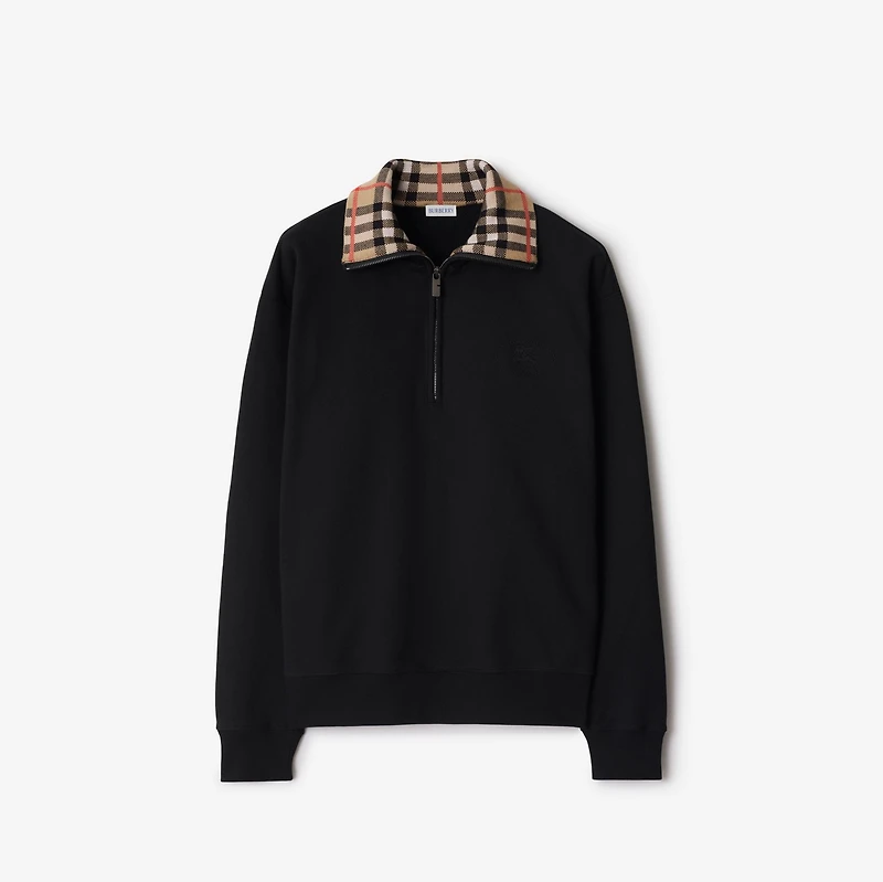 Check Collar Cotton Half-zip Sweatshirt in Black - Men | Burberry® Official