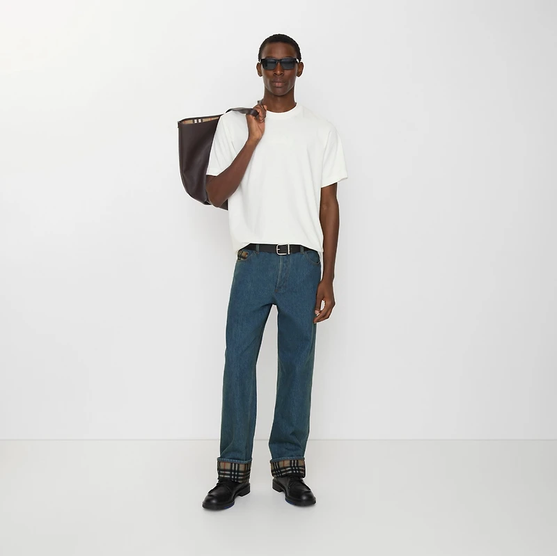 Straight Check Turn-up Jeans in Mid blue - Men, Cotton | Burberry® Official