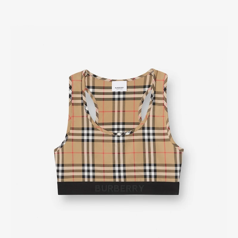Logo Detail Vintage Check Bra Top in Archive beige Yellow - Women, Nylon | Burberry® Official