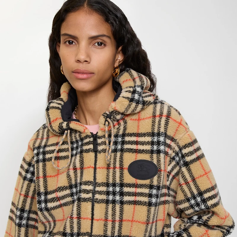 Cropped Check Fleece Hooded Jacket in Sand beige - Women | Burberry® Official