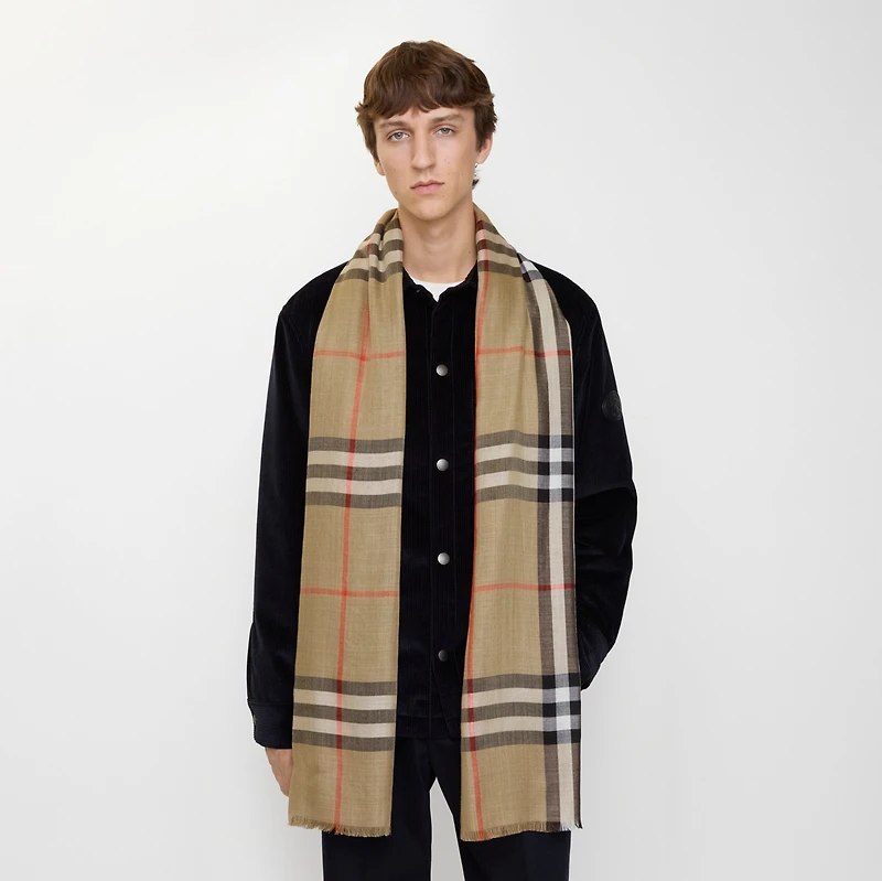 Reversible Check Wool Silk Scarf in Sand/vole brown | Burberry® Official