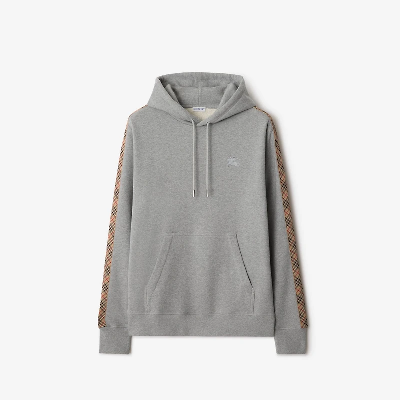 Check Trim Cotton Hoodie in Pale grey melange - Men | Burberry® Official