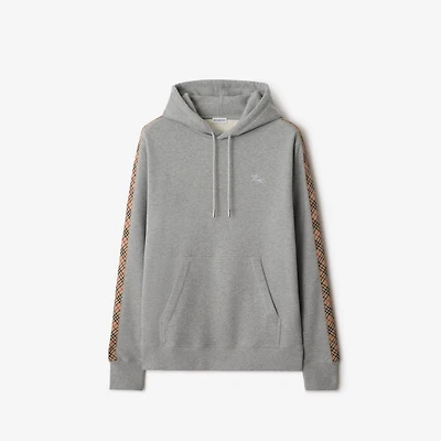 Check Trim Cotton Hoodie in Pale grey melange - Men | Burberry® Official