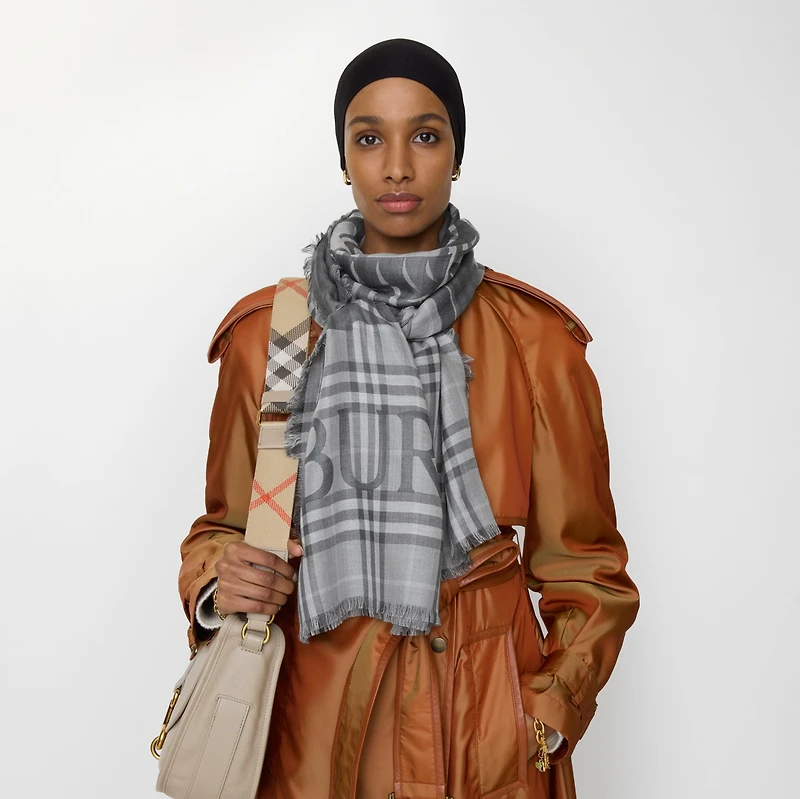 Wide EKD Check Wool Silk Scarf in Mitten grey | Burberry® Official