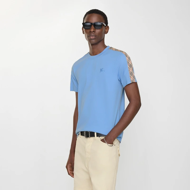 Check Trim Cotton T-shirt in Cornflower blue - Men | Burberry® Official