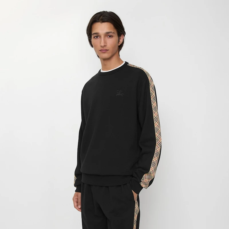 Check Trim Cotton Sweatshirt in Black - Men | Burberry® Official