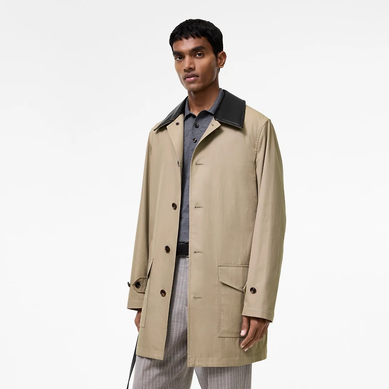Mid-length Leather Collar Meadowbank Car Coat in Saltmarsh beige - Men, Cotton | Burberry® Official