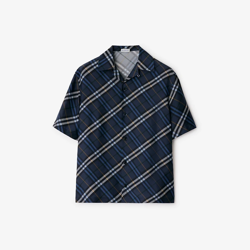 Relaxed Fit Check Silk Poplin Shirt in Ink blue - Men | Burberry® Official