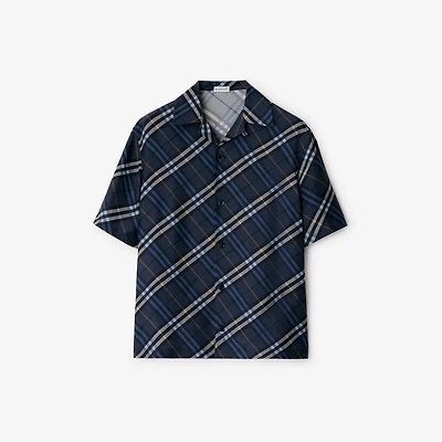 Relaxed Fit Check Silk Poplin Shirt in Ink blue - Men | Burberry® Official