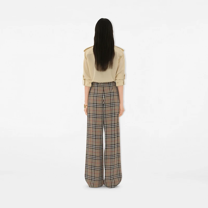 Check Silk Blend Belted Trousers in Limestone - Women, Nylon | Burberry® Official