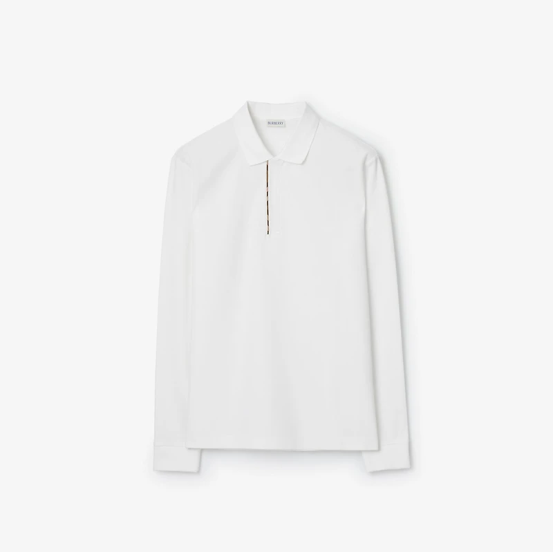 Long-sleeve Check Trim Cotton Polo Shirt in White - Men | Burberry® Official