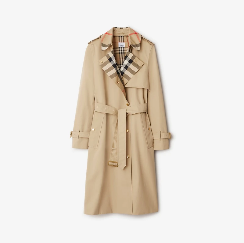 Long Check Collar Gabardine Trench Coat in Honey - Women, Cotton Gabardine | Burberry® Official