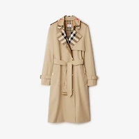 Long Check Collar Gabardine Trench Coat in Honey - Women, Cotton Gabardine | Burberry® Official