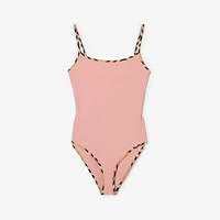 Check Trim Swimsuit in Begonia pink - Women, Wool | Burberry® Official