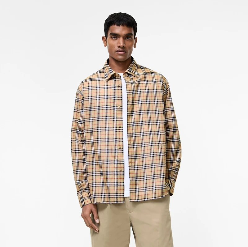 Relaxed Fit Check Cotton Shirt in Sand beige