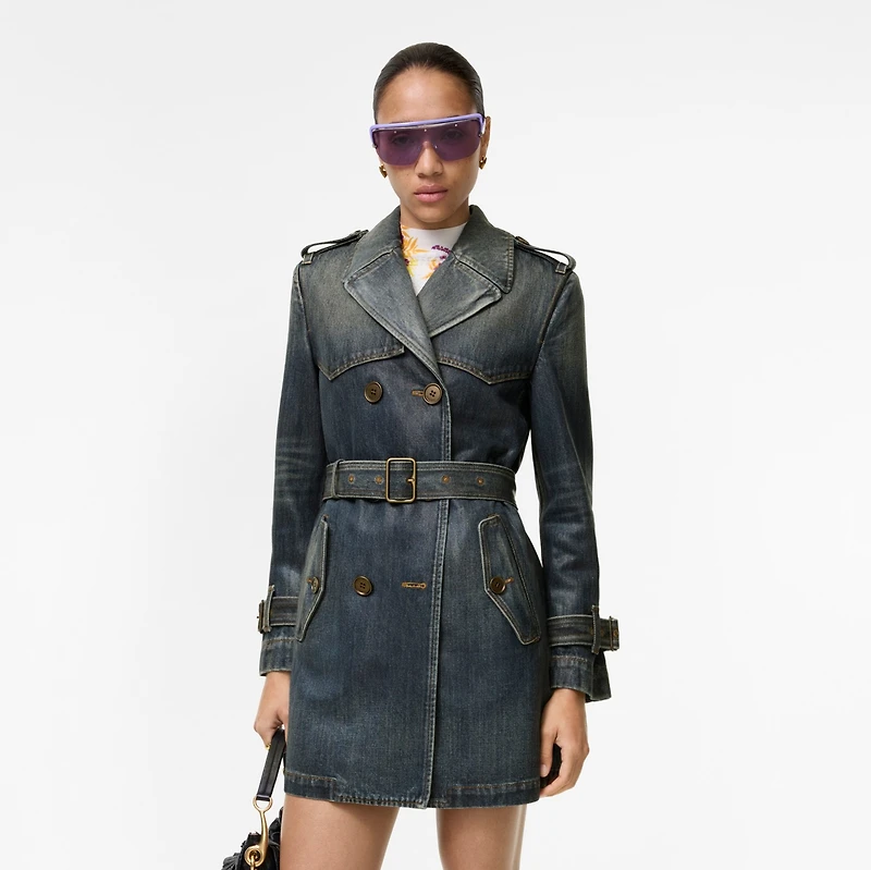Short Coated Denim Trench Coat in Mid blue - Women, Cotton | Burberry® Official