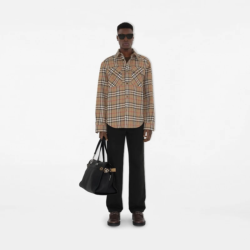 Oversized Fit Check Cotton Linen Shirt in Nut - Men | Burberry® Official