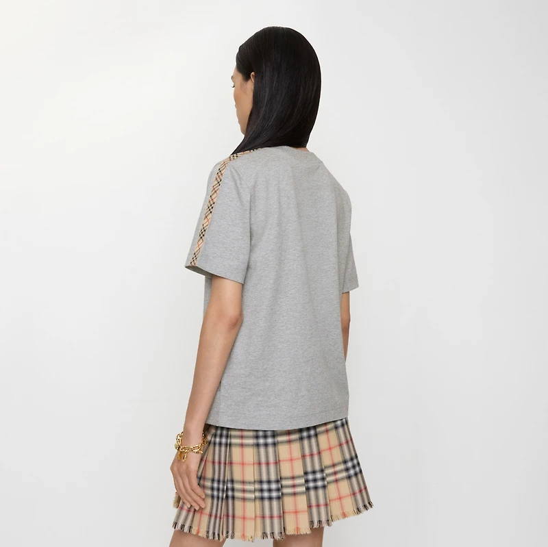Check Trim Cotton T-shirt in Pale grey melange - Women | Burberry® Official