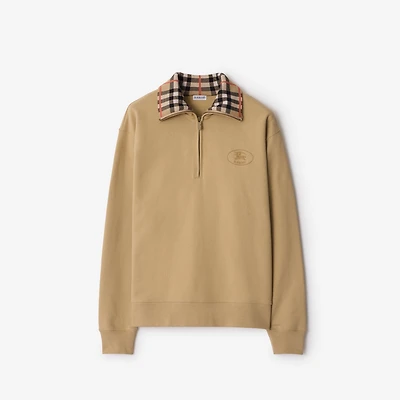 Check Collar Cotton Half-zip Sweatshirt in Flax beige - Men | Burberry® Official