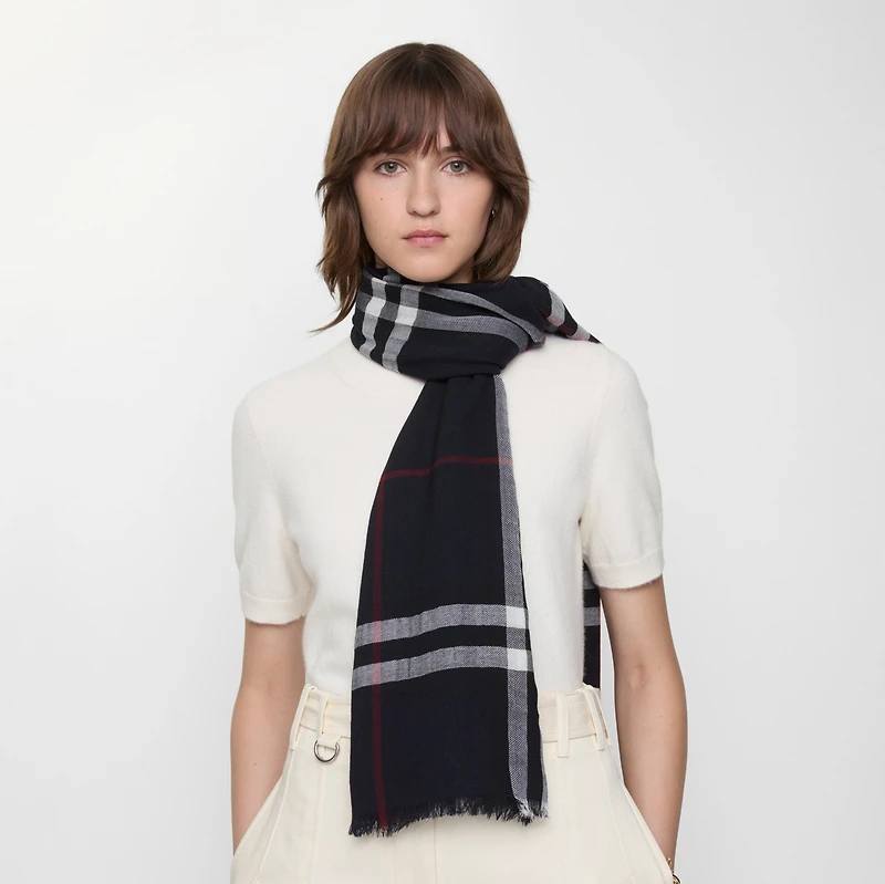 Wide Check Wool Scarf in Ink | Burberry® Official