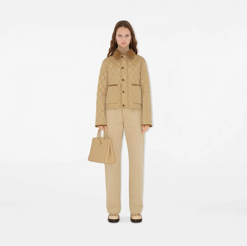 Cropped Quilted Nylon Jacket in Flax/sand