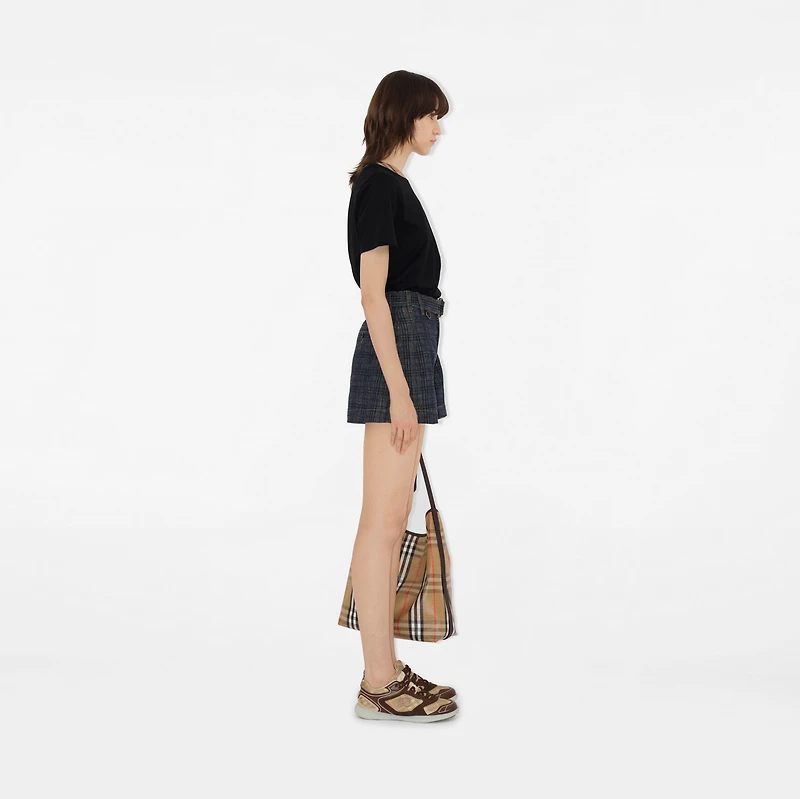 Belted Check Denim Shorts in Indigo - Women, Cotton | Burberry® Official