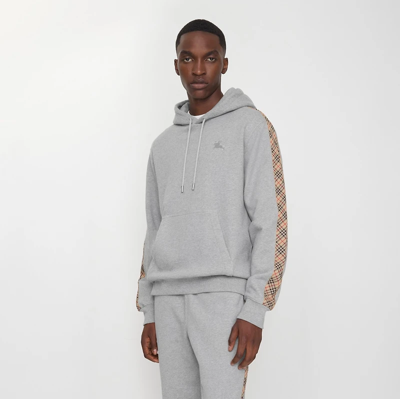 Check Trim Cotton Hoodie in Pale grey melange - Men | Burberry® Official